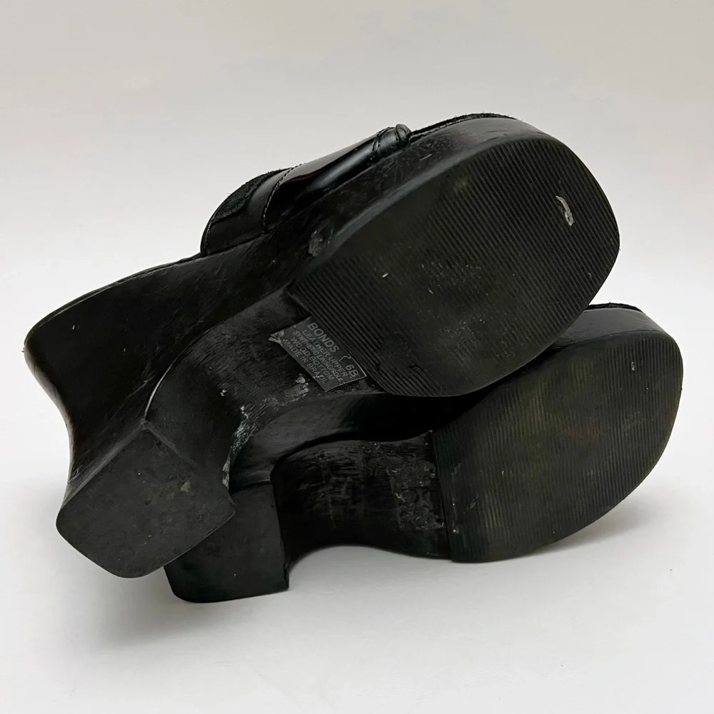 Vintage 90s Y2K Steve Madden Black Patchwork Leather Wood Platform Sandals - Picture 9 of 11